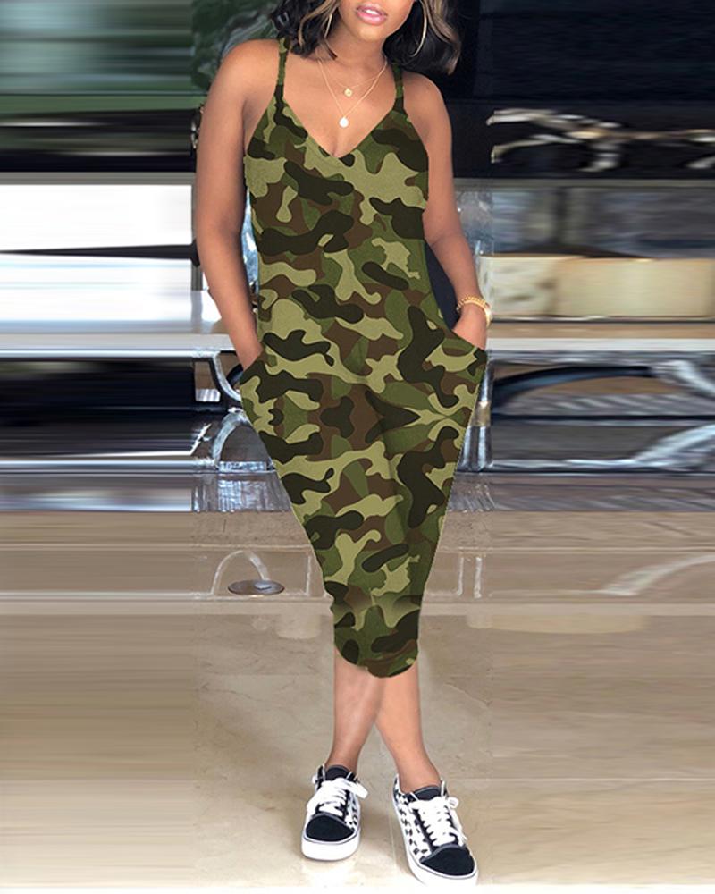 

Sling V-Neck Camouflage Baggy Jumpsuit, Green
