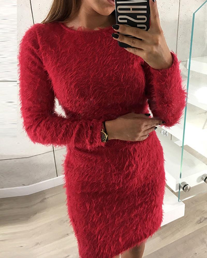 

Solid Color Wool Medium Length Dress, Red