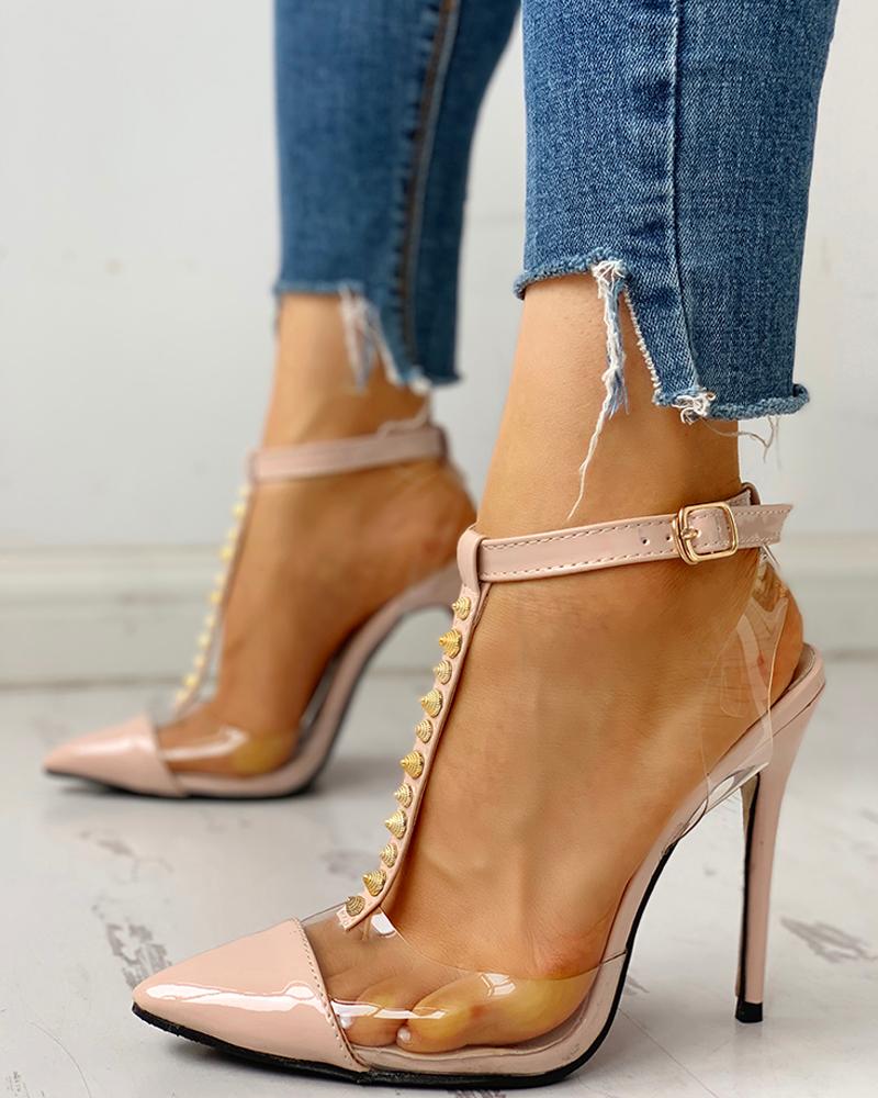

Rivet Pointed Toe Transparent Thin Heels, Apricot