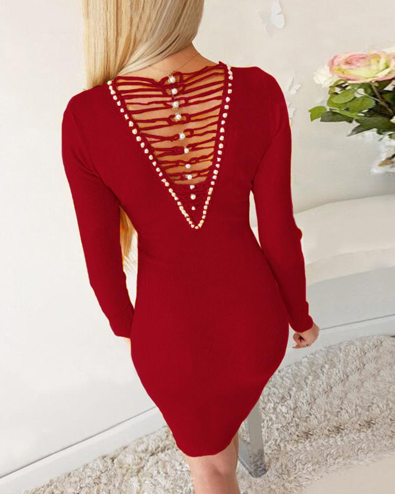 

Backless Beaded Knit Bodycon Dress, Red