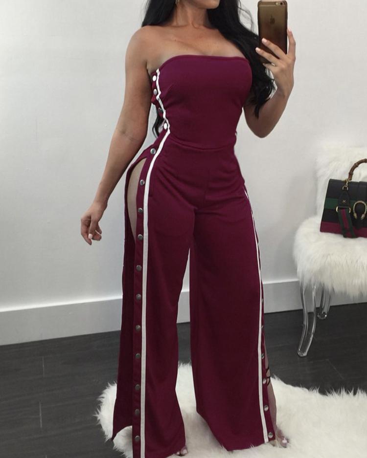 

Strapless Buttoned Slit Wide Leg Jumpsuit, Wine red