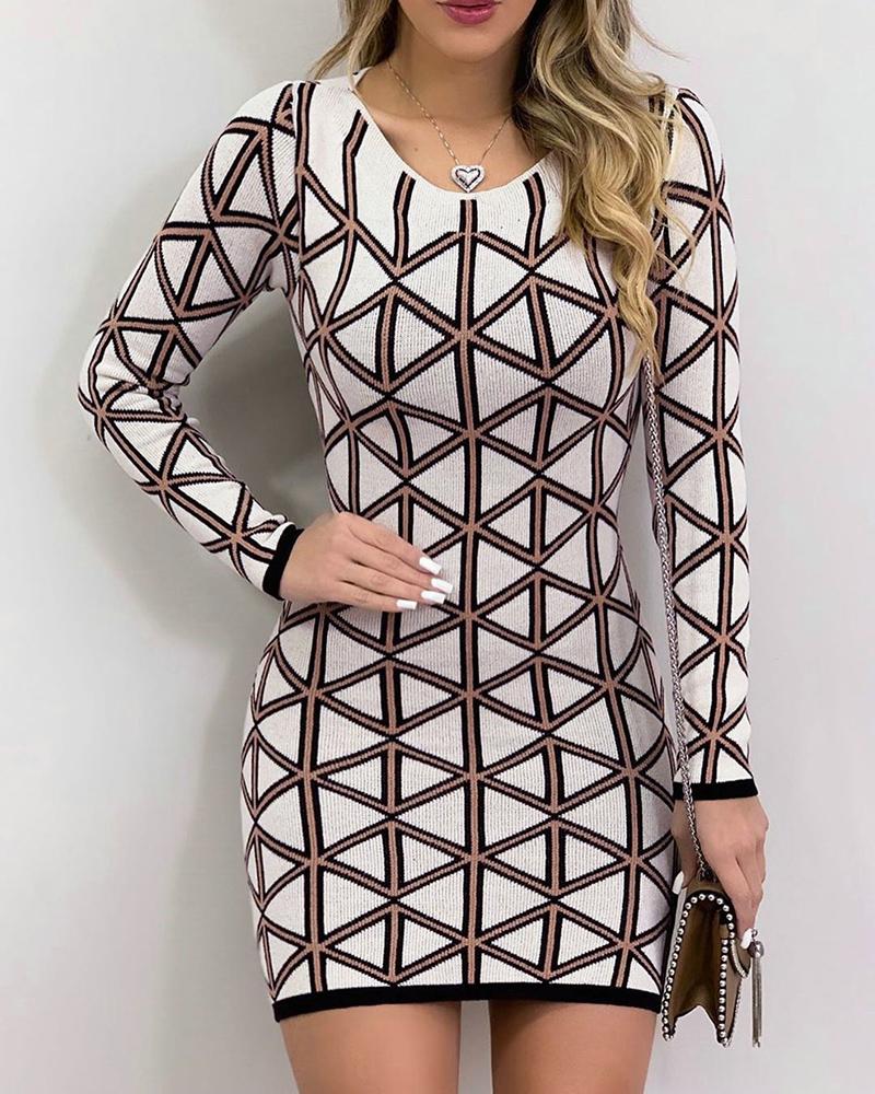 

Geo Print Long Sleeve Bodycon Dress, White