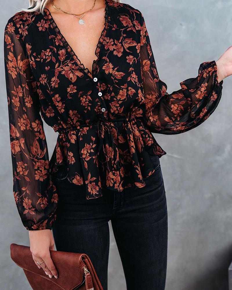 

Floral Bloomer Sleeve Loose Blouse, Black