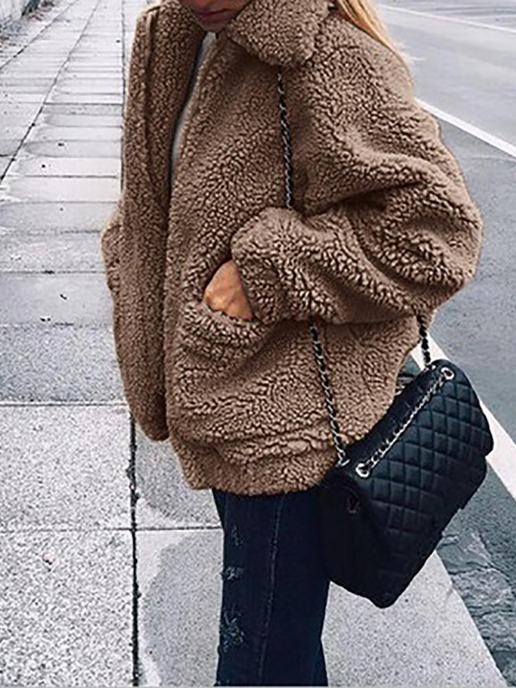 

Fluffy Zipper Up Pocket Design Oversized Coat