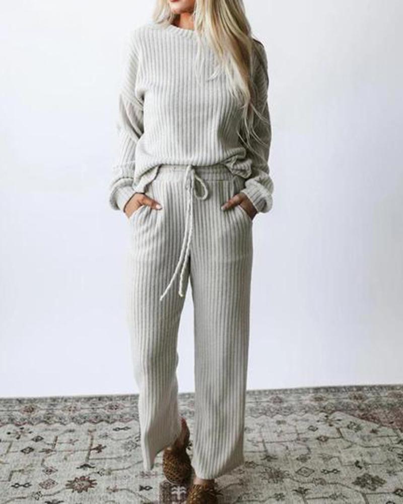 

Long Sleeve Casual Top & Drawstring Pants Set, White