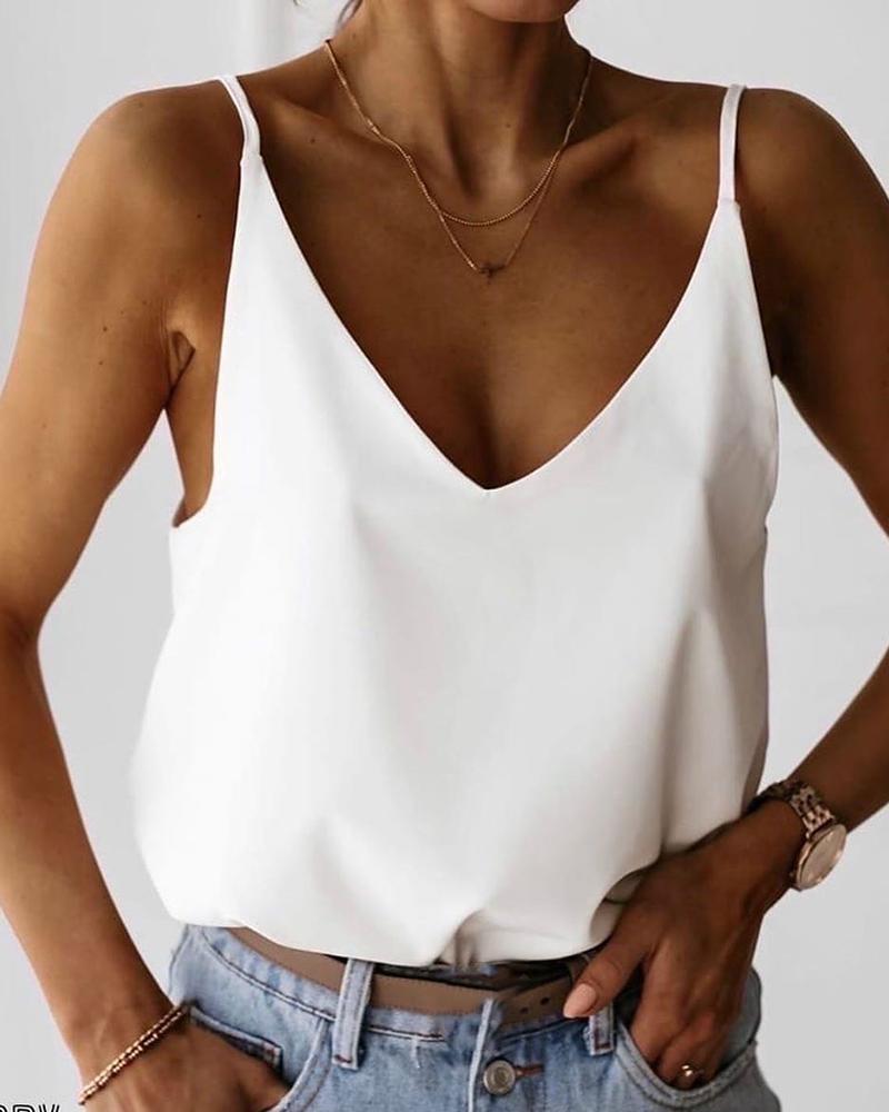 

Solid V-neck Spaghetti Strap Top, White