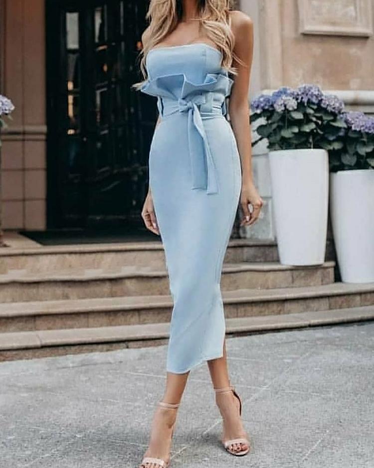 

Strapless Fold Pleat Front Belted Bodycon Dress