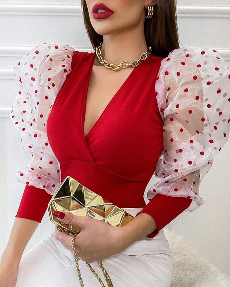 

Dot Mesh Puff Sleeve V-neck Blouse, Red