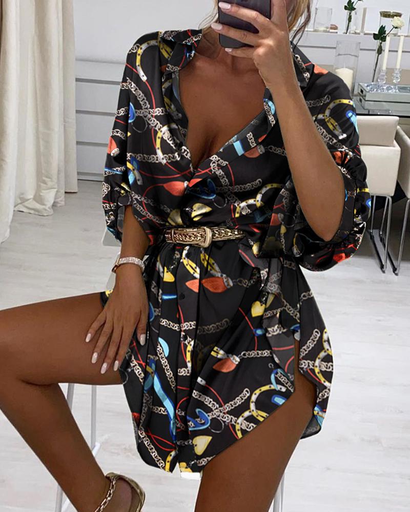 

Chain Print Slit Satin Ruched Shirt Dress, Black