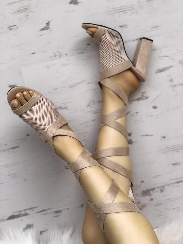 

Mesh Open Toe Slingback Chunky Heeled Pumps