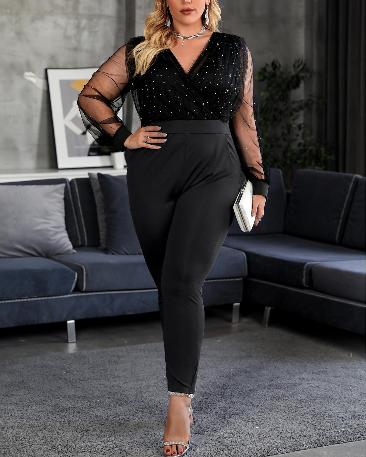 

Plus Size Studded Sheer Mesh Jumpsuit, Black