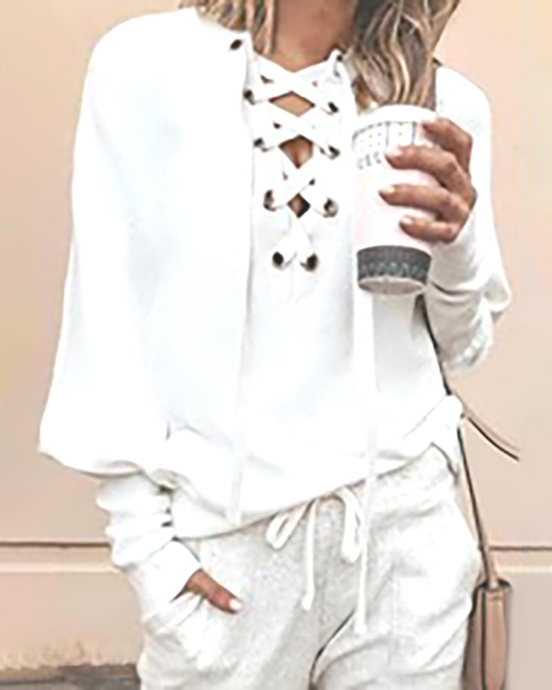 

Eyelet Lace-up Batwing Sleeve Ribbed Top, White