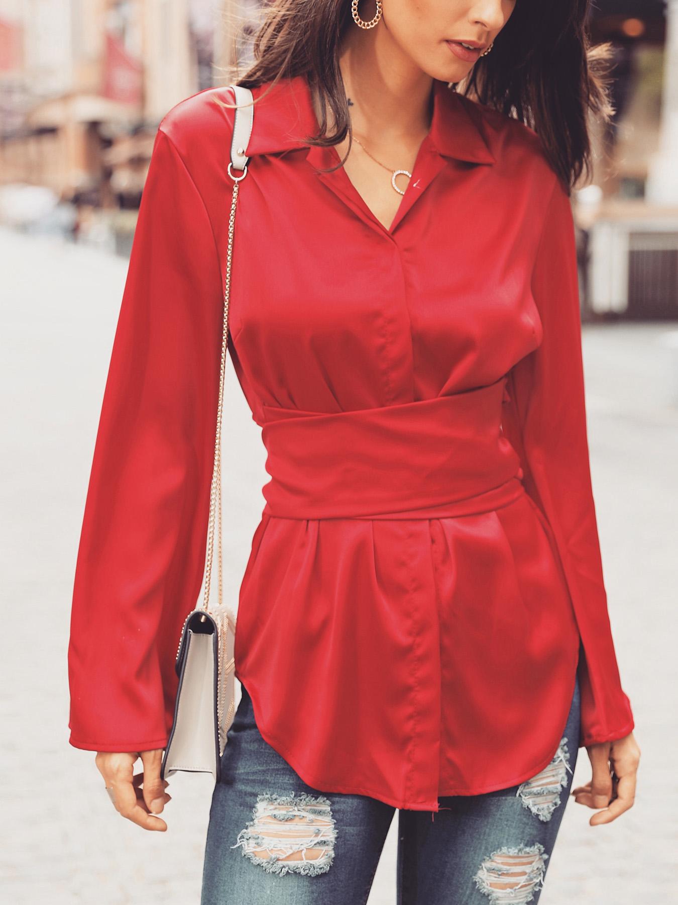 

Solid Button Up Flared Sleeve Knot Back Blouse