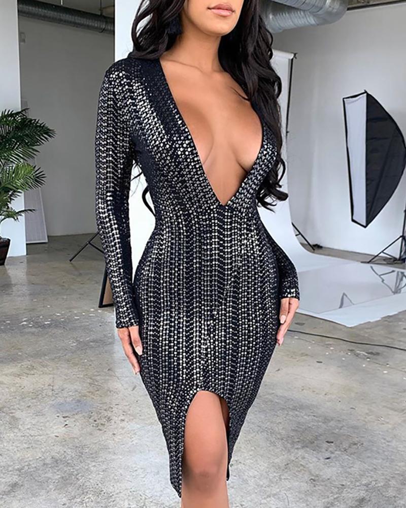

Sequins Long Sleeve Slit Dress, Black
