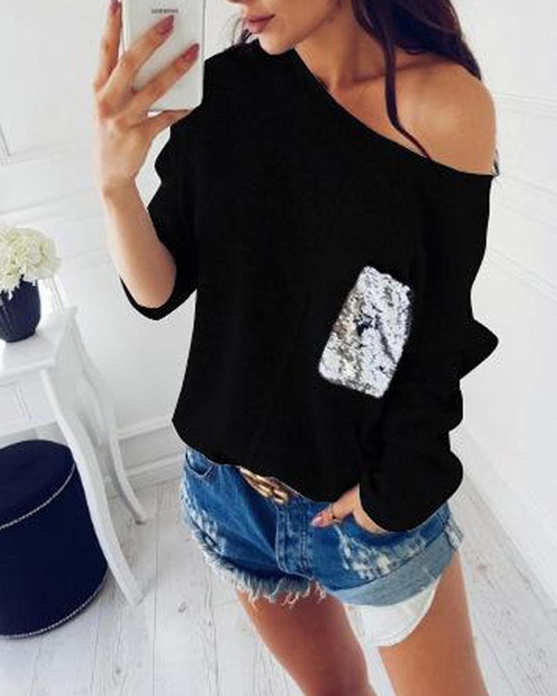 

Contrast Sequin Long Sleeve Top, Black