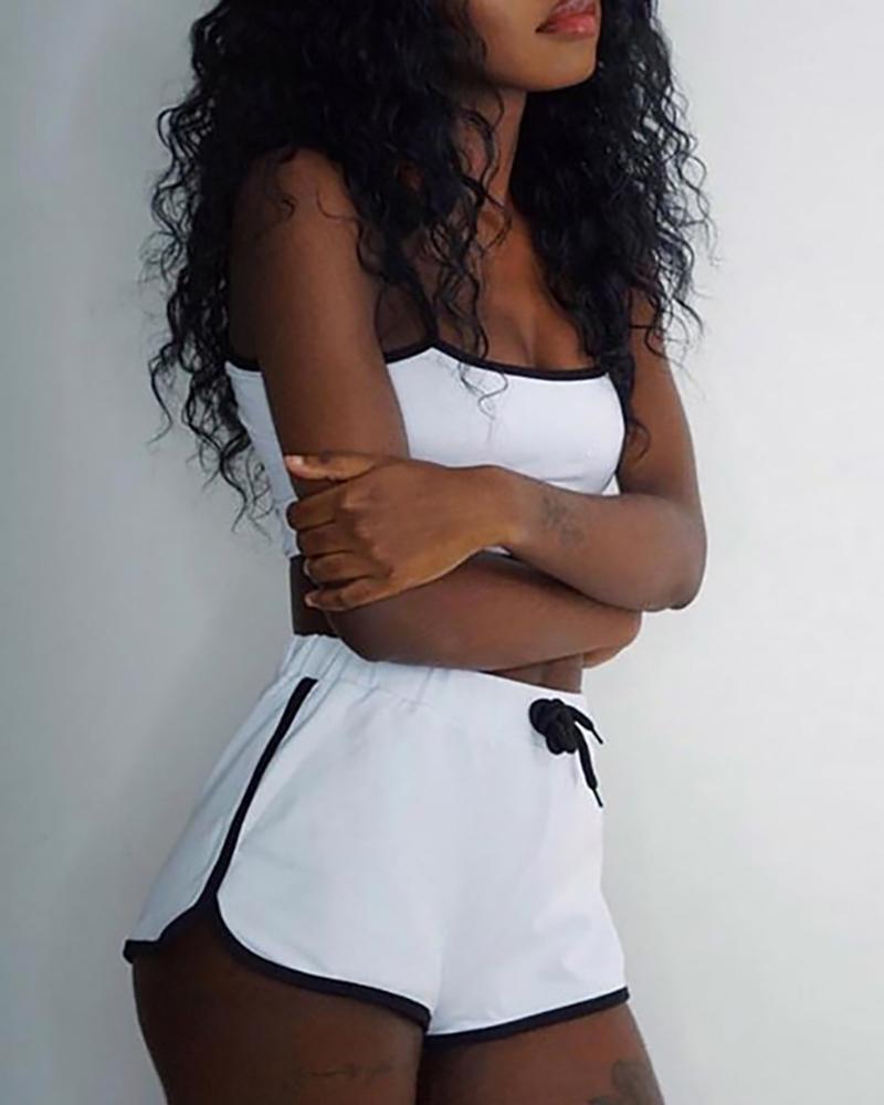 

Colorblock Backless Cami Top & Drawstring Shorts Set, White