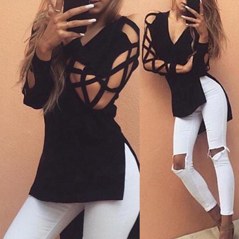 

Women's Fashion V Neck Caged Sleeve High Low Blouse, Black