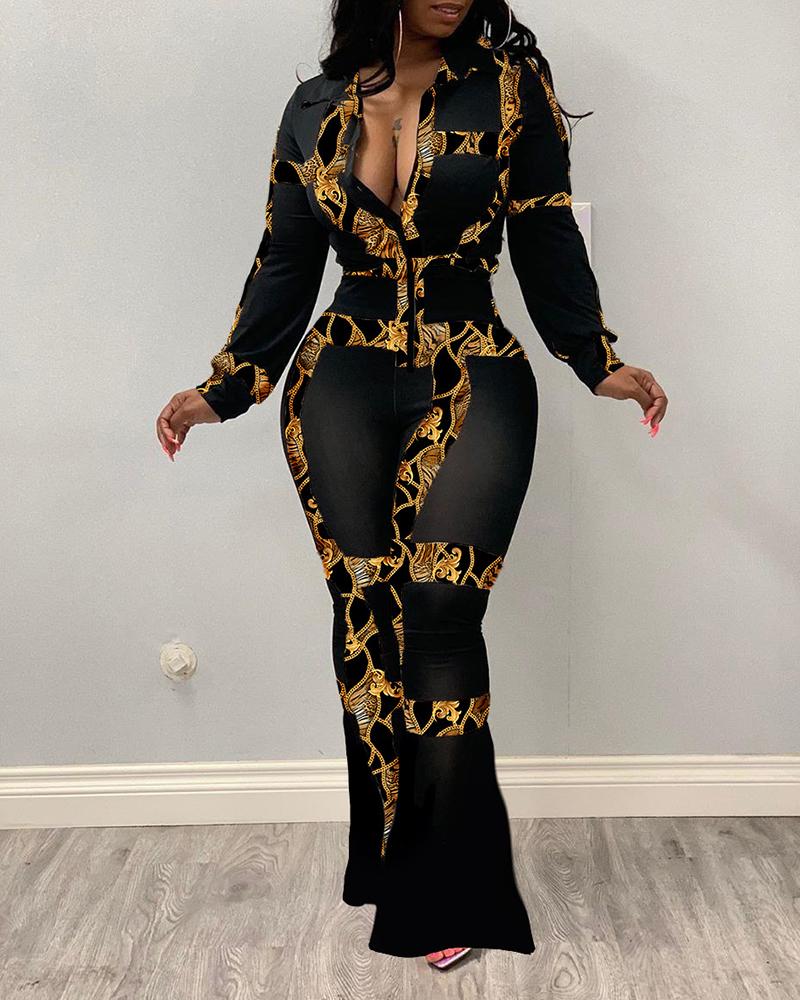 

Deep V Neck Print Top & Bell-bottomed Pants Sets, Gold