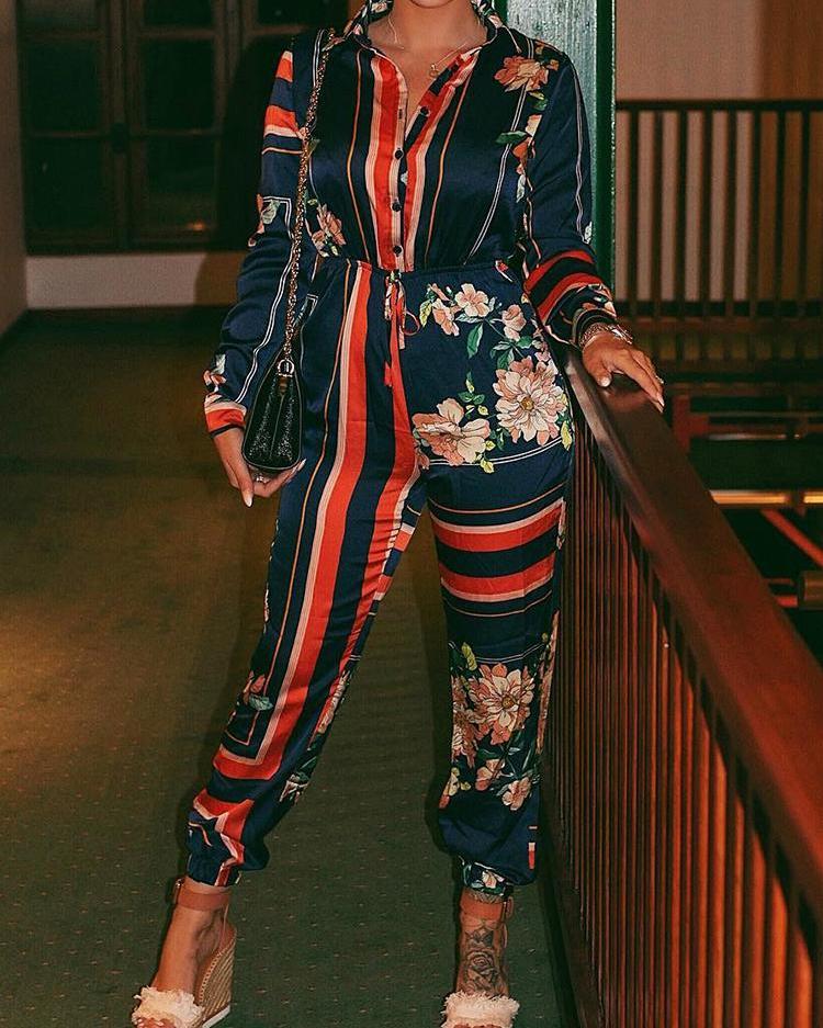 

Floral Print Stripes Button Design Jumpsuits