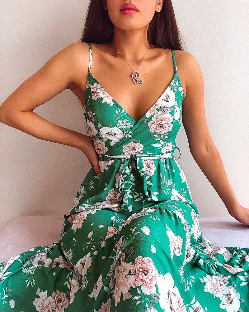 

Floral Print Surplice Maxii Dress, Green