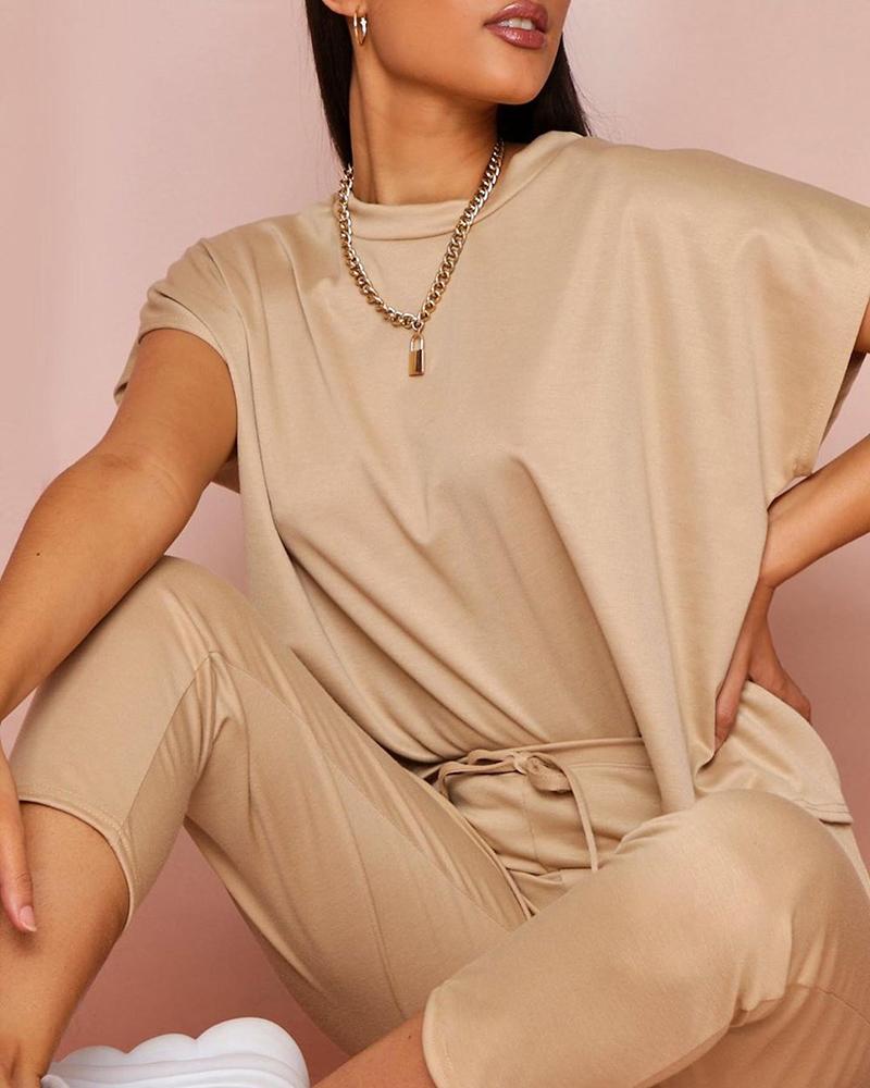 

Solid Short Sleeve Top & Pants Set, Khaki