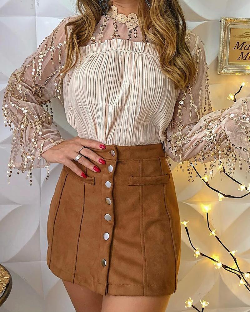 

Sequin Tassel Mesh Insert Ruched Blouse, Nude