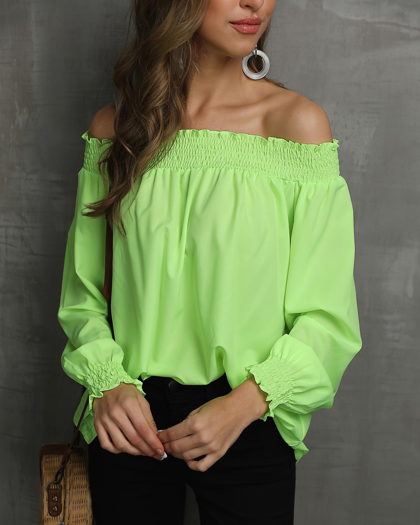 

Off Shoulder Shirring Frill Hem Blouse, Green