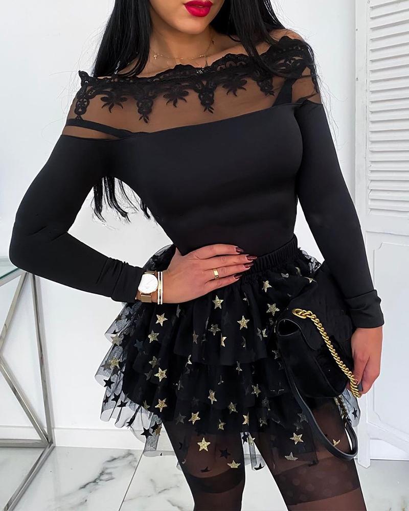 

Embellished Star Mesh Ruffle Dress, Black