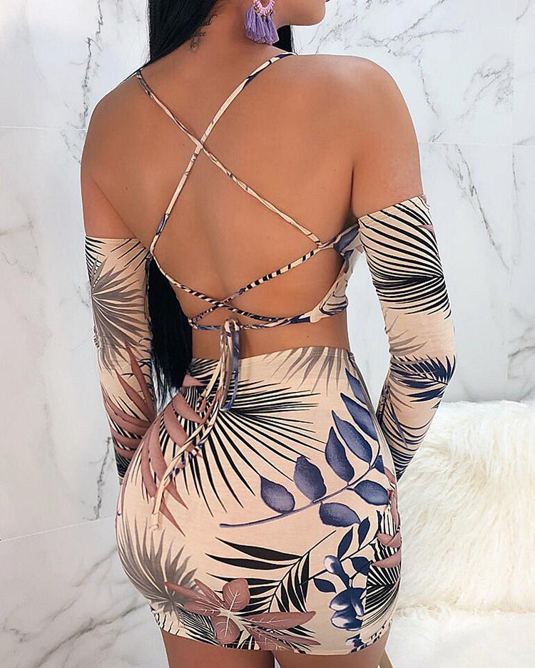 

Leaf Print Lace Up Strappy Back Top and Skirt Set