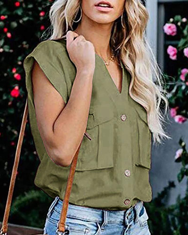 

Solid Buttoned Pocket Casual Blouse, Army green