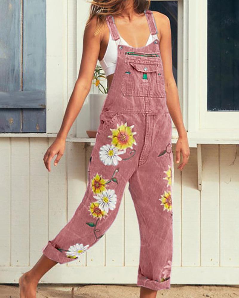 

Thin Strap Floral Embroidery Pocket Suspender Jumpsuit, Pink