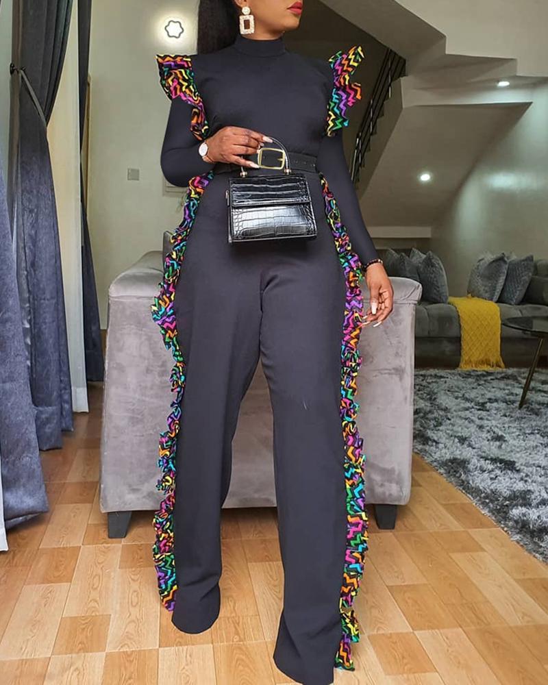 

Frill Hem Stripe Print Mock Neck Jumpsuit, Black