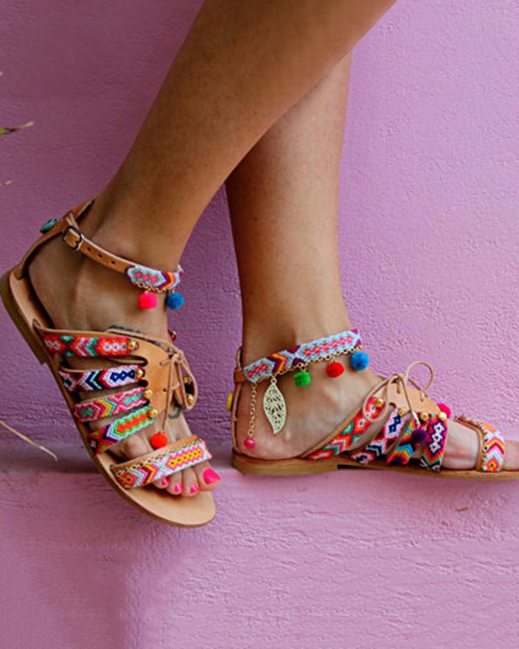 

Ethnic Style Pom Pom Lace-up Casual Flat Sandals, Multicolor