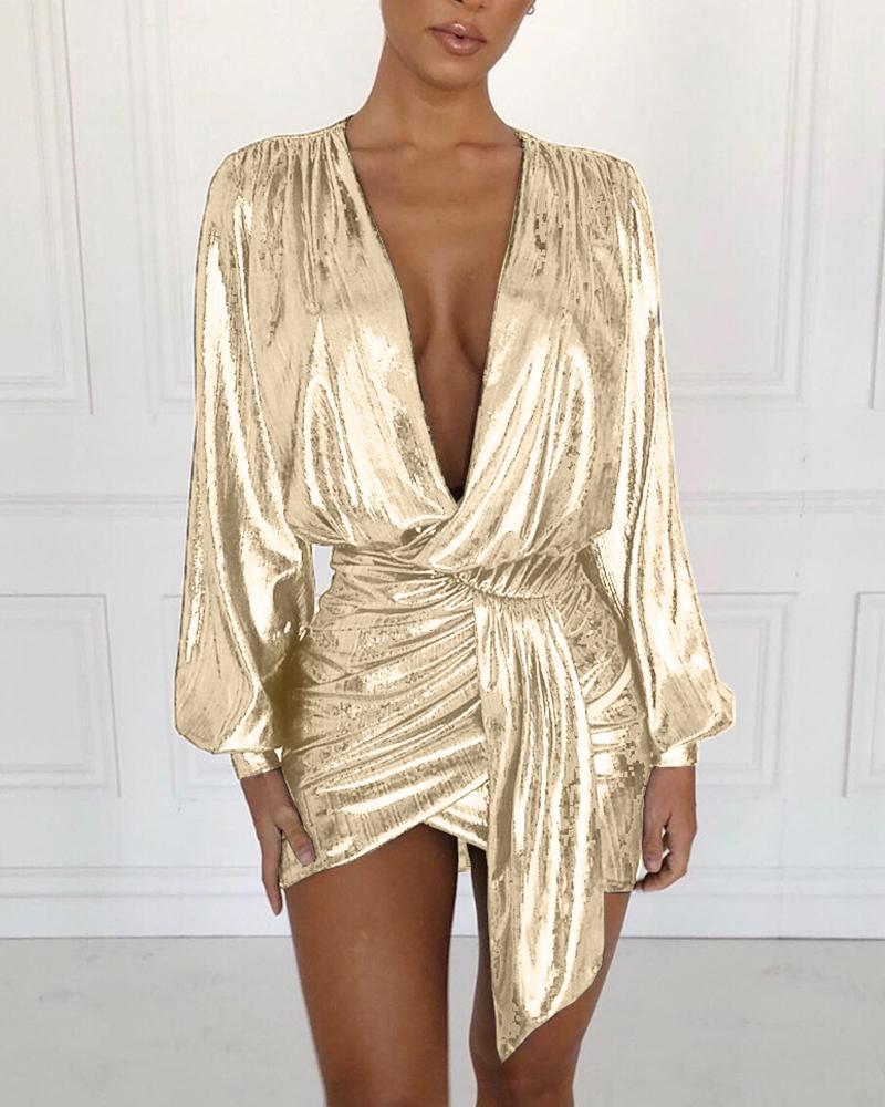 

Metallic Plunging Scrunched Irregular Party Dress, Beige