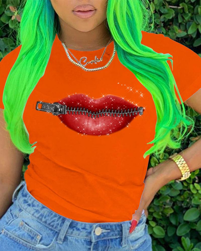 

Lip Zipper Print Short Sleeve Casual T-shirt, Orange