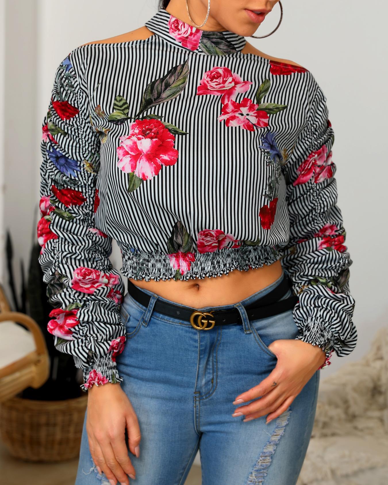 

Cold Shoulder Striped Floral Print Blouse, Multicolor