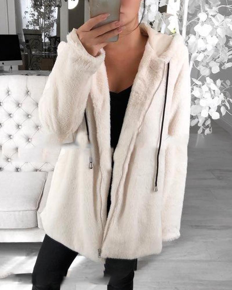 

Hooded Zip Front Fluffy Jacket