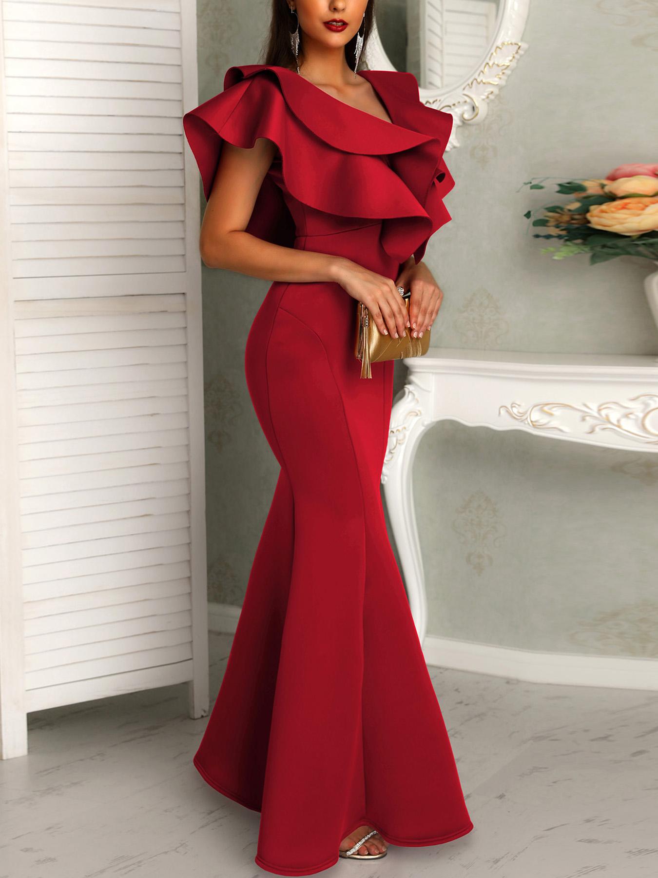 

Deep V Layered Ruffles Fishtail Evening Dress, Wine red