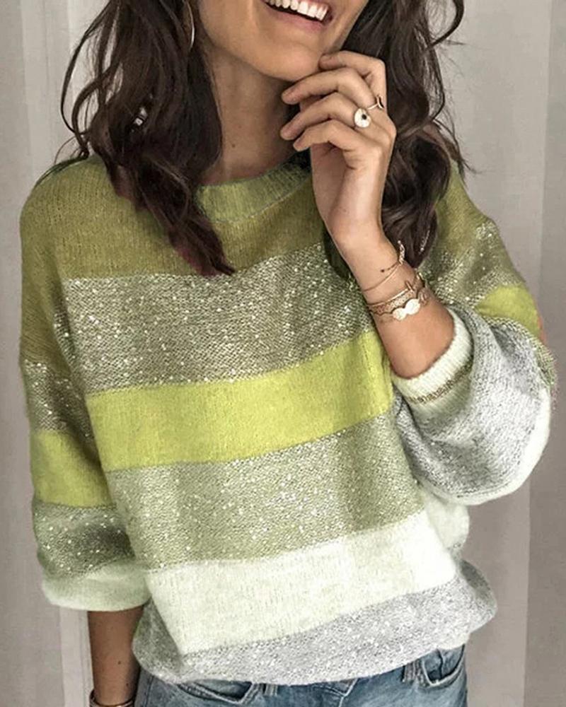 

Round Neck Colorblock Long Sleeve Knitting Sweater, Green