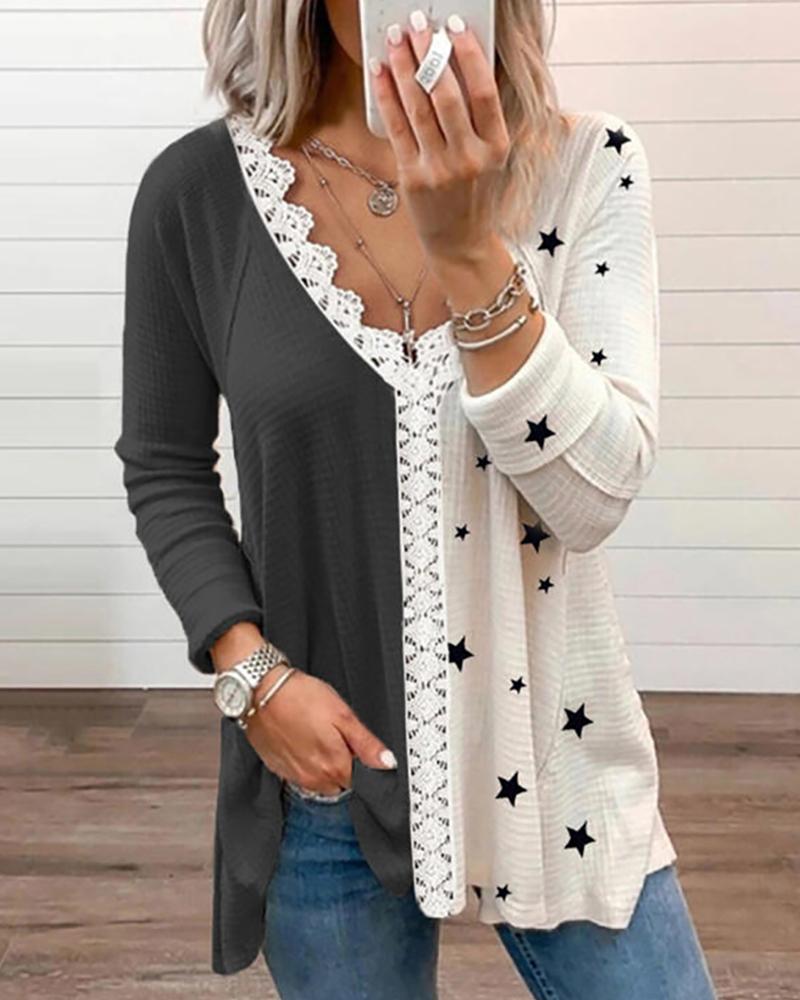 

Star Print Lace Trim Long Sleeve Top, White