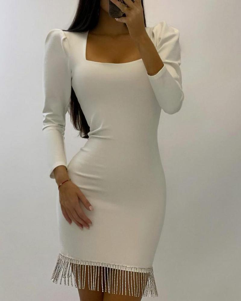 

Puff Sleeve Studded Tassel Design Bodycon Dress, White