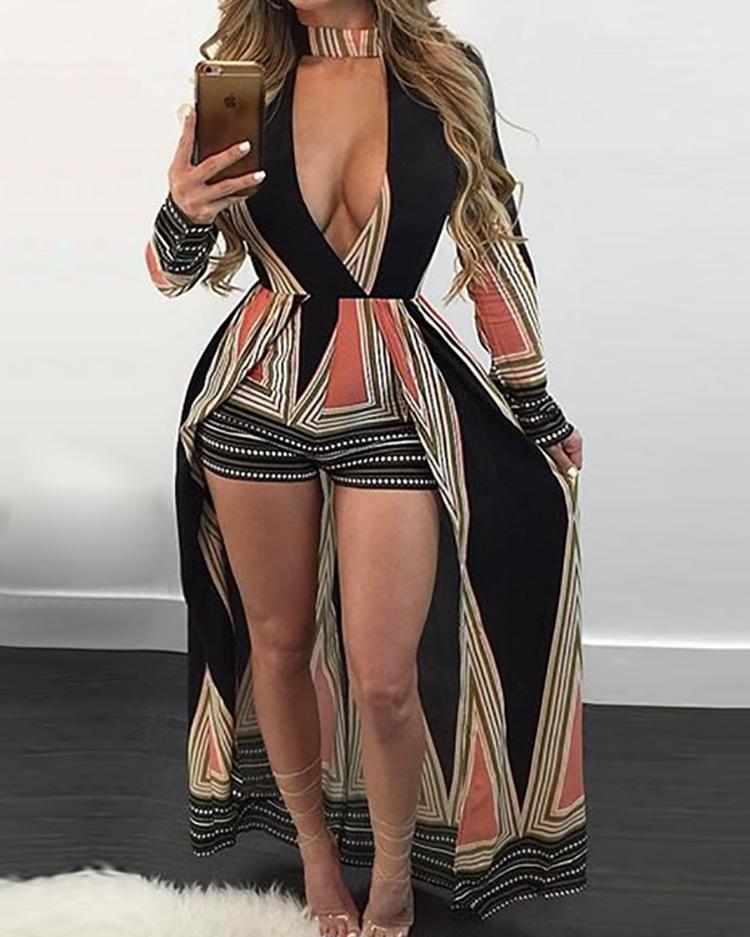 

Geo Print Maxi Plunge Romper Dress, Multicolor