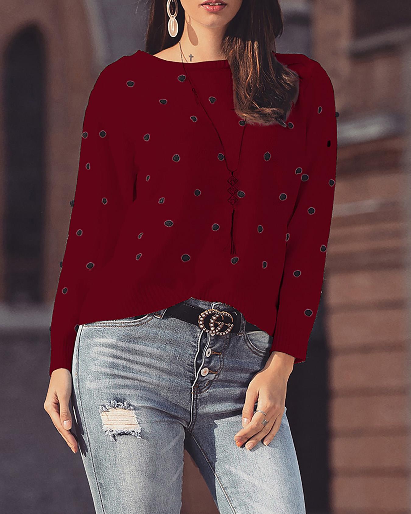 

Pom Pom Embellished Casual Sweater, Wine red