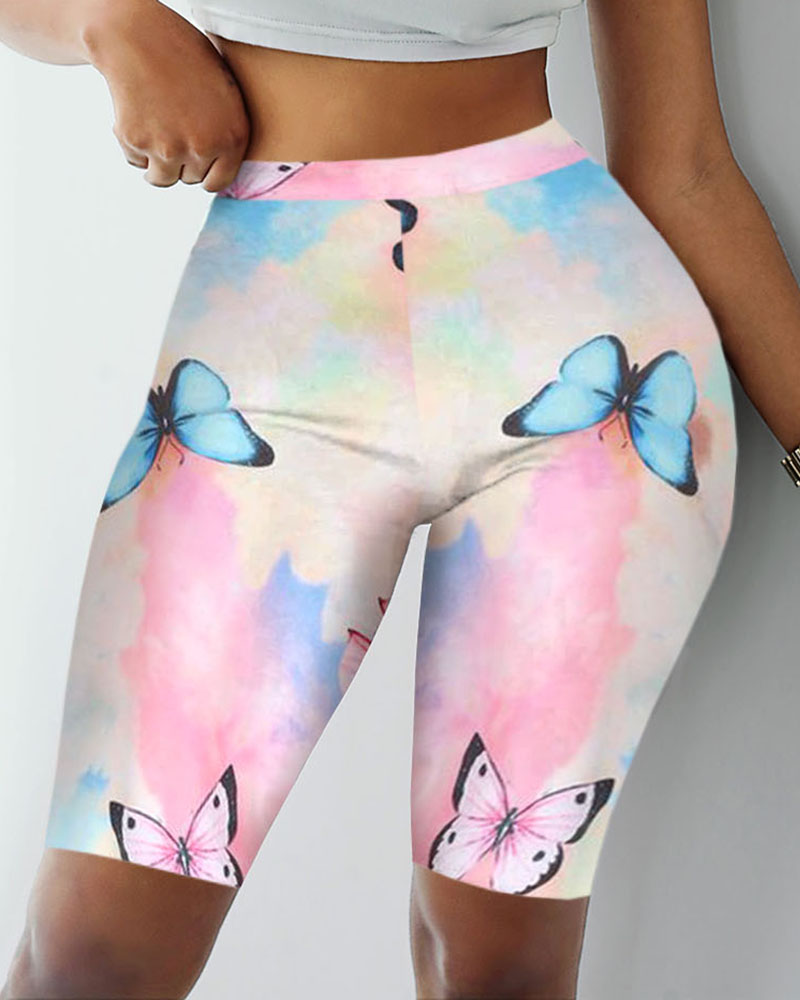 

High-Rise Butterfly Tie Dye Print Cycling Shorts, Multicolor