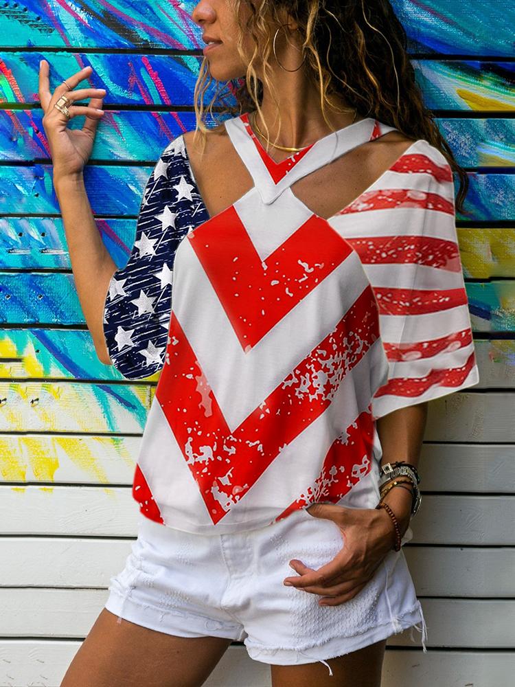

Flag Print Cutout Shoulder Casual T-Shirt, Multicolor