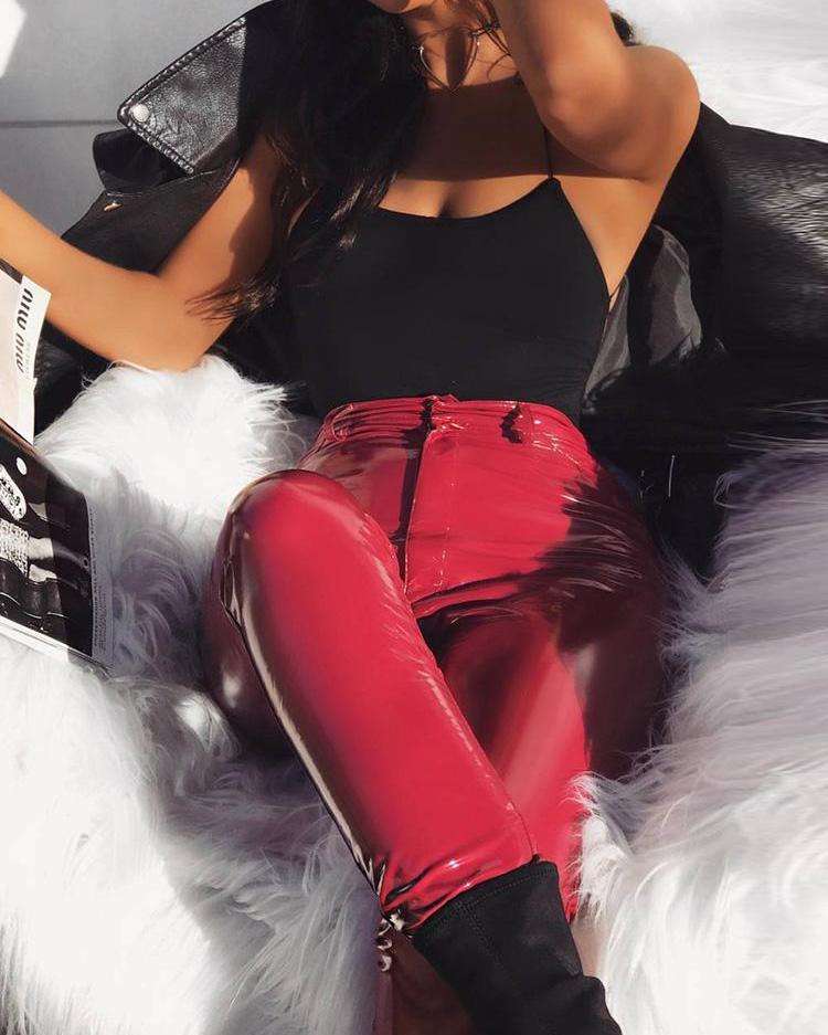 

PU High Waist Skinny Pencil Pants, Red