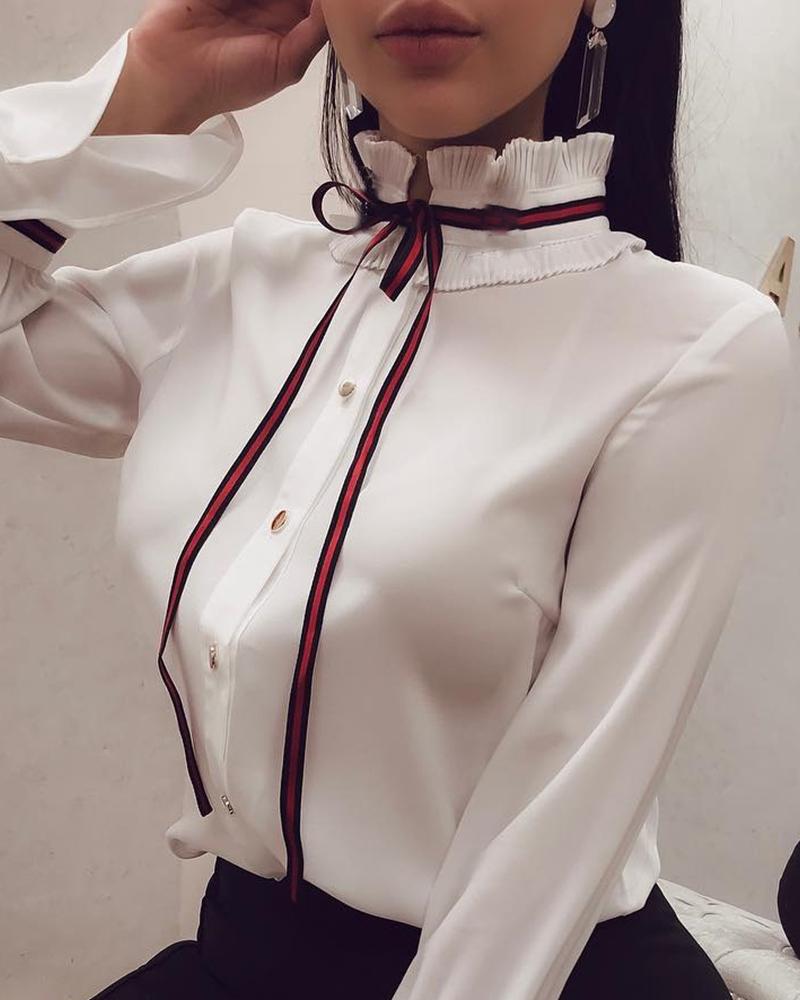 

Mock Neck Striped Tape Tied Casual Shirt, White