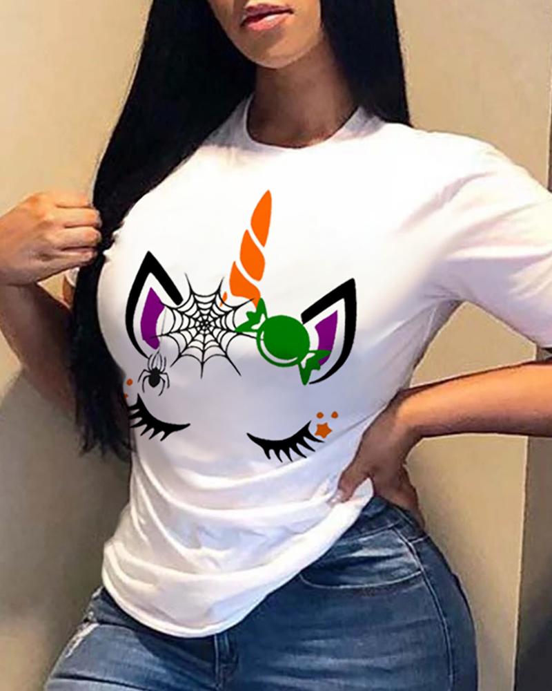 

Halloween Mixed Print Short Sleeve Casual T-shirt, White