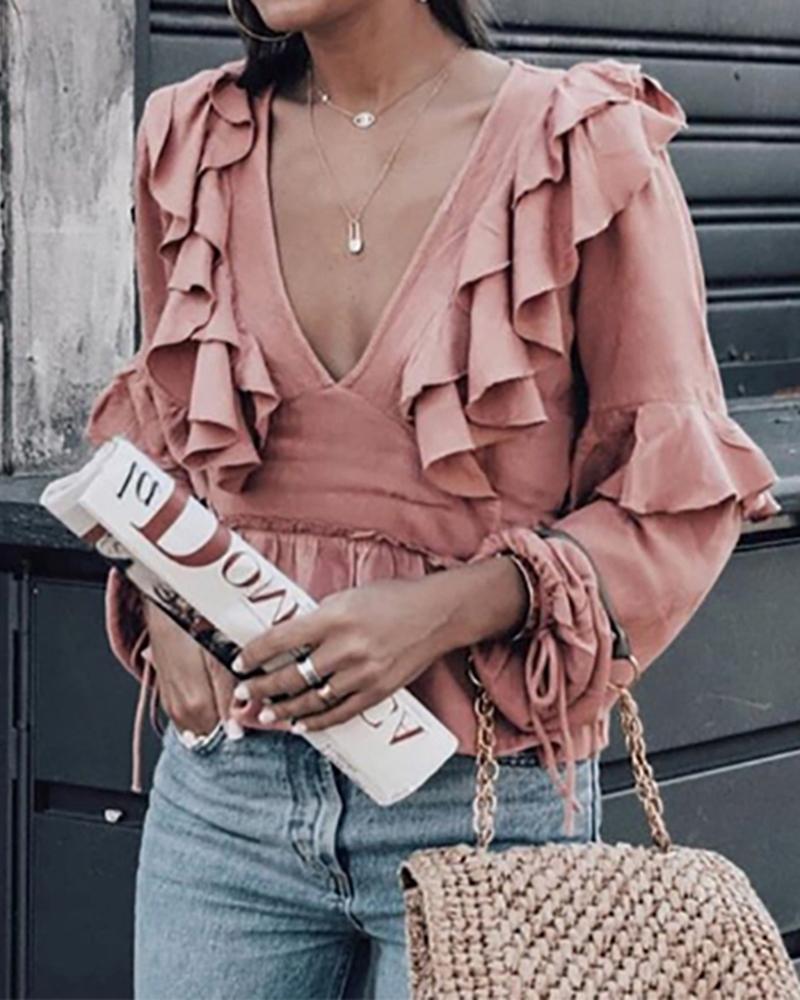 

V-Neck Solid Ruffles Casual Blouse, Pink