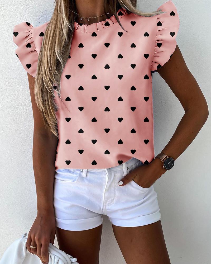 

Heart Print Ruffles Casual Top, Pink